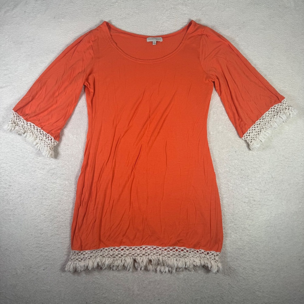 Young Threads Tunic Top Womens Large Orange Good Boho Crochet Fringe Bell Sleeve